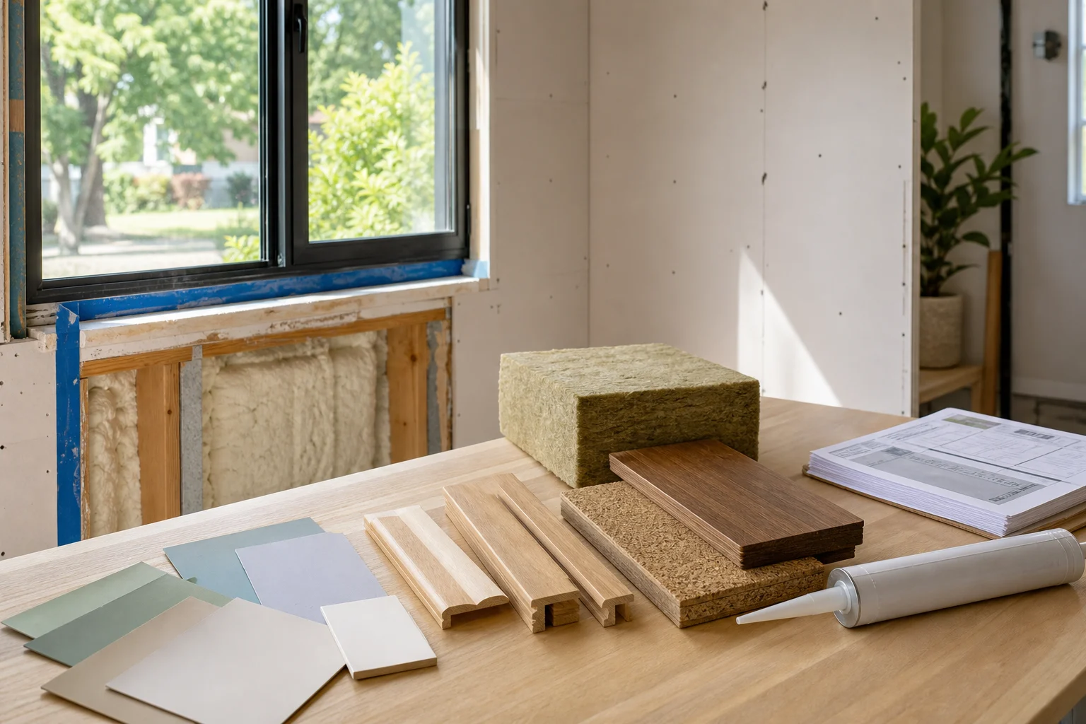 Interior ADU material samples with insulation low VOC finish cards wood trim and window assembly
