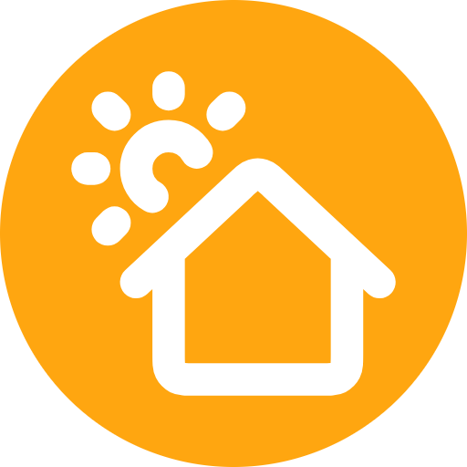 A house icon in an orange circle on land.