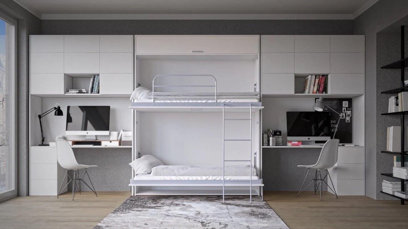 Compact multifunction family room with bunk bed, desks, and built-in storage