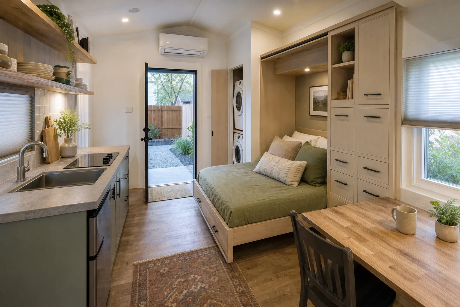 Compact backyard rental home interior with kitchenette, sleeping area, storage, laundry, private entry, and durable finishes