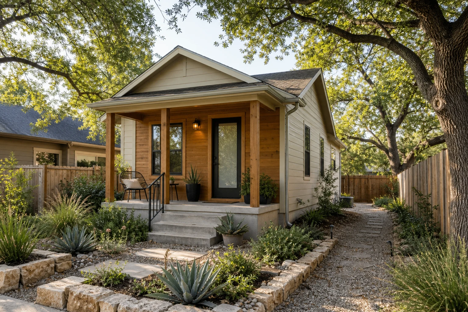 Small homes Austin compact cottage with live oak shade, side path, porch, and native landscaping