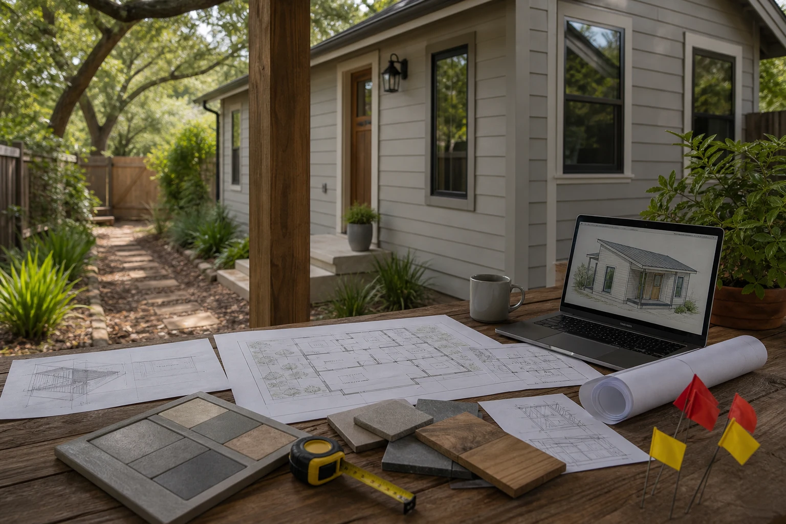 Small homes Austin planning table with drawings, material samples, utility flags, and compact home in the background