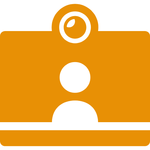 An orange camera icon on a black background.
