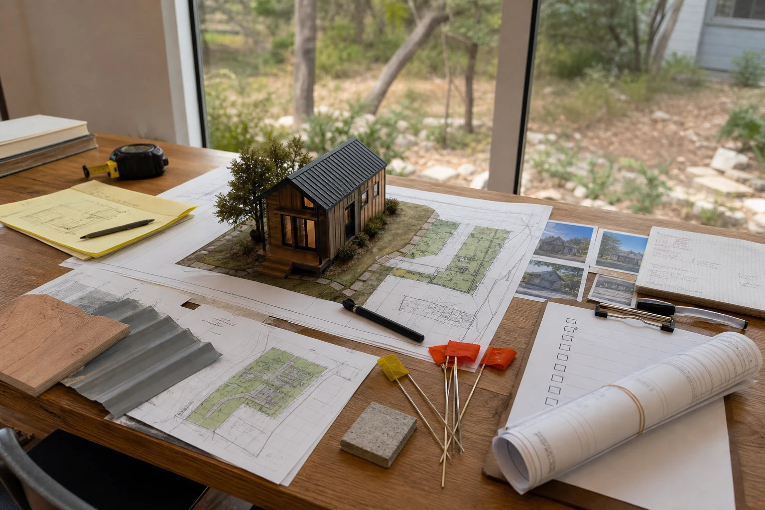 Austin tiny home feasibility planning table with site plans, model cottage, utility notes, survey flags, and permit checklist