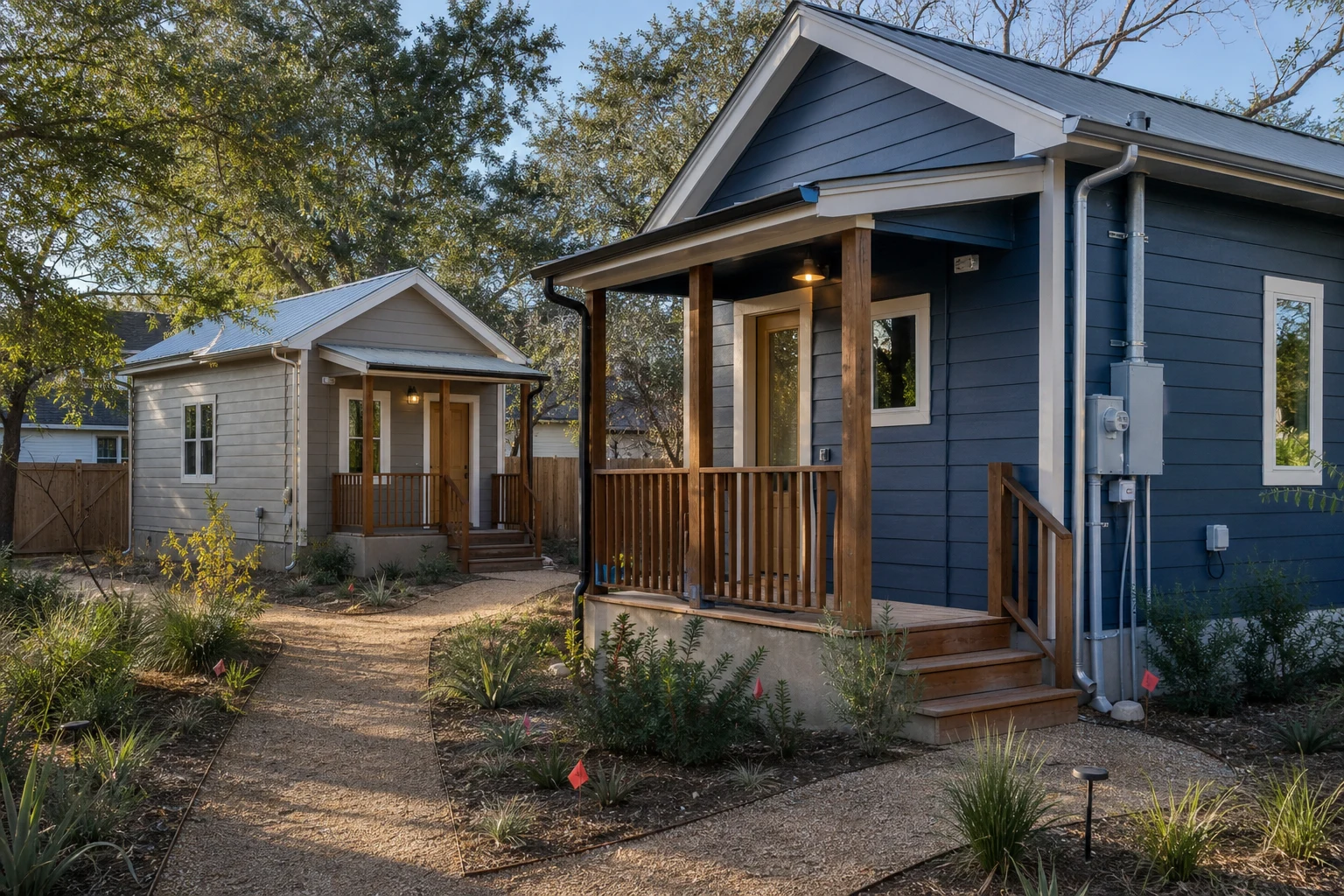 Austin tiny home village style cottages with porches, utility equipment, gravel paths, and native landscaping